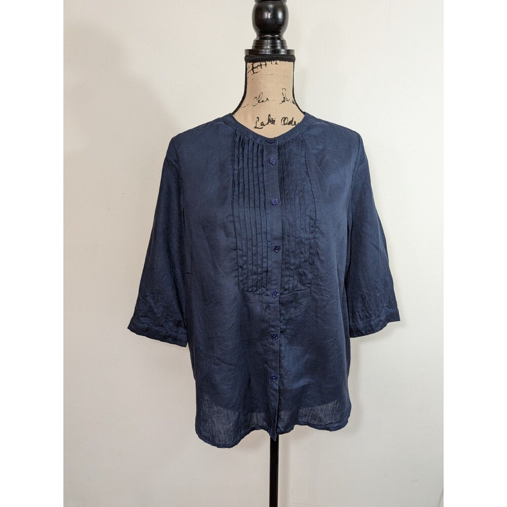 Lintico Navy Rana Linen Sculpted Accordion Pleat Crew Neck Shirt Blouse M